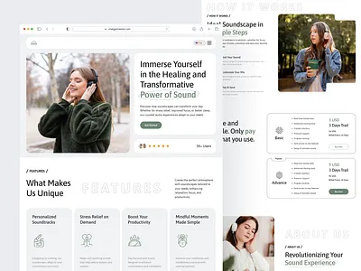 Calm Sound Listening Platform Landing Page Design calm sound landing page design landingpage ui design website concept website design