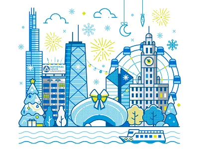 Chicago Christmas Cityscape campus chicago christmas cityscape decorations downtown festive flat design holidays illustration landmarks line art skyline university usa