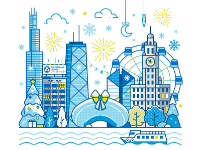 Chicago Christmas Cityscape campus chicago christmas cityscape decorations downtown festive flat design holidays illustration landmarks line art skyline university usa