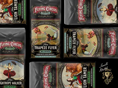 Flying Circus Coffee labels brand identity branding circus coffee coffee bag coffee design graphic design label label design logo packaging packaging label typeface typography victorian vintage