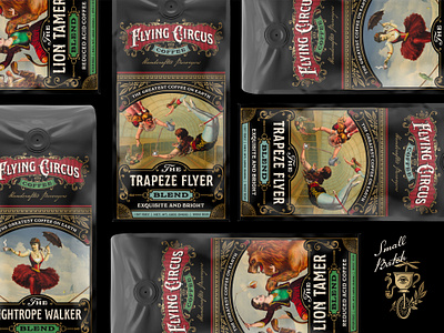 Flying Circus Coffee labels brand identity branding circus coffee coffee bag coffee design graphic design label label design logo packaging packaging label typeface typography victorian vintage
