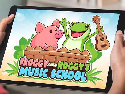 Cute Frog and Pig Logo Design, Custom Animal for Music Branding animal beehaya branding cartoon character cute design frog funny guitar happy illustration logo mascot music pig vector