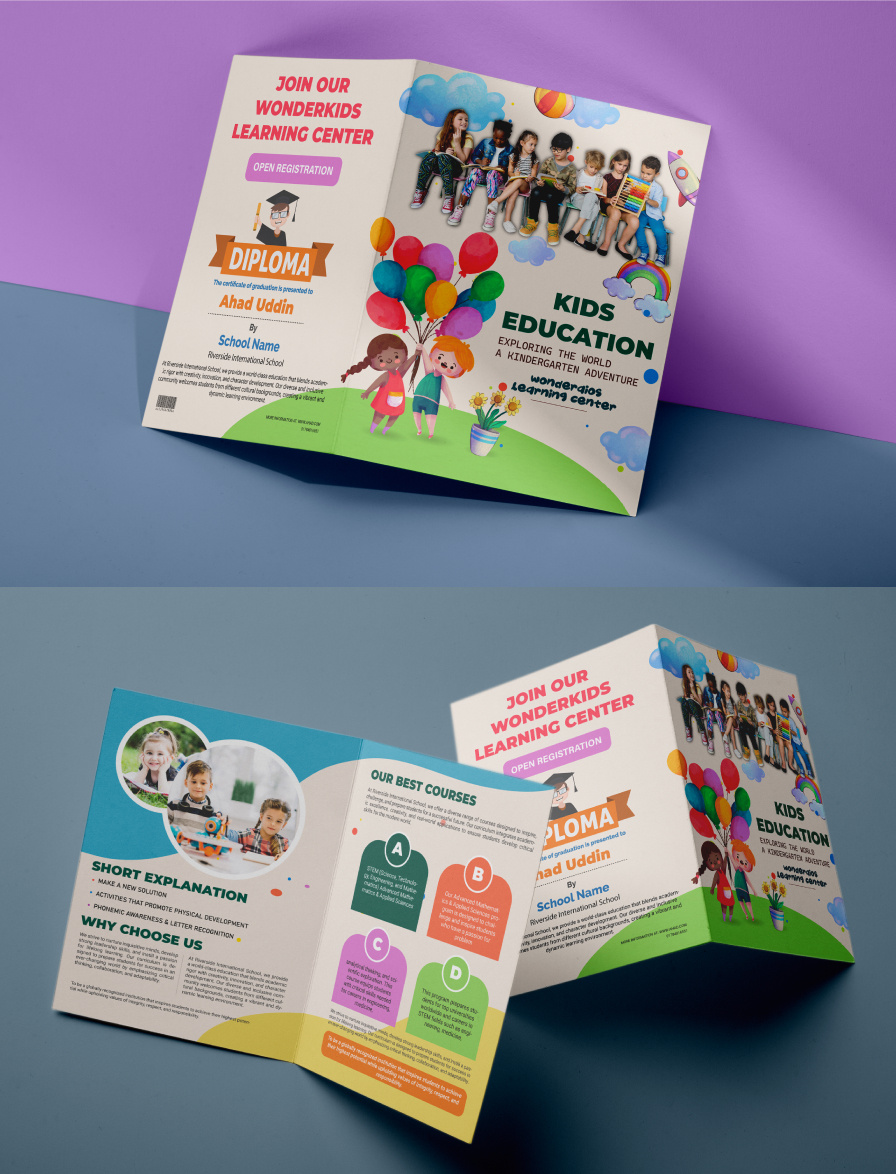 Kids Education Bi-Fold Brochure – Creative & Colorful Design bi fold bi fold brochure brochure children design colorful design education template graphic design kids design kids education preschool design school brochure
