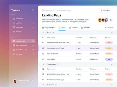 Design Exploration - Task Dashboard background blur branding card clean dashboard design desktop glassmorphism gradient list responsive sidebar task management trello typography ui ux web app website whitespace