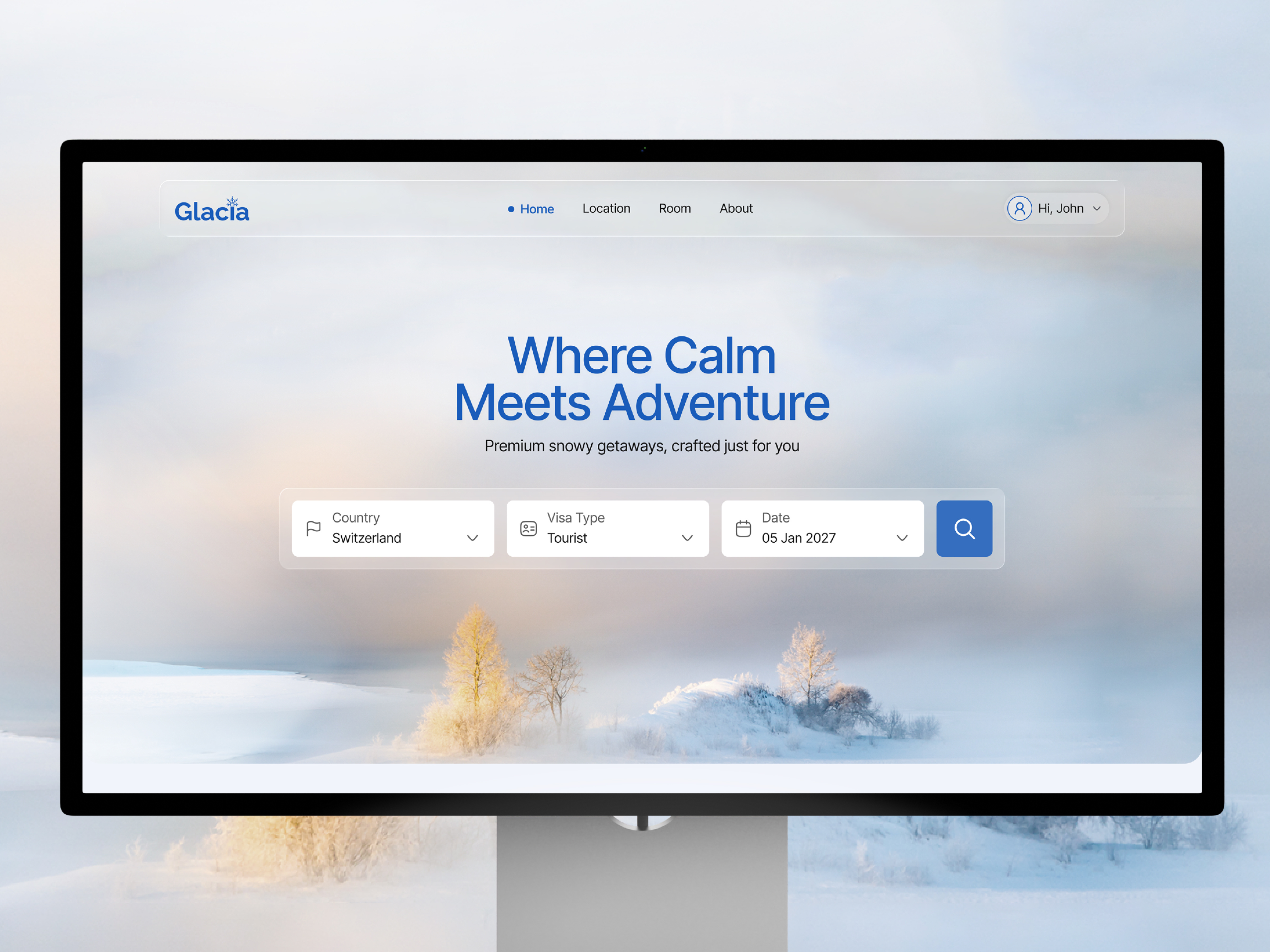 Glacia – Winter Travel Website UI & Snowy Getaway Booking Hero booking ui design glassmorphism hero section landing page minimal ui modern website snow theme startup travel travel landing page travel website ui ui design web web design winter