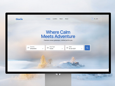 Glacia – Winter Travel Website UI & Snowy Getaway Booking Hero adventure travel booking ui clean design glassmorphism hero section landing page minimal ui modern website snow theme travel travel app travel booking travel landing page travel website ui design ui ux web design website concept winter winter travel