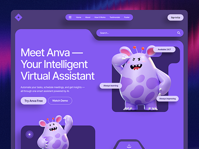 Anva – Playful AI Assistant Dashboard UI 3d 3d illustration ai assistant animation branding design figma graphic design illustration logo motion graphics ui uiux ux virtual assistant web design
