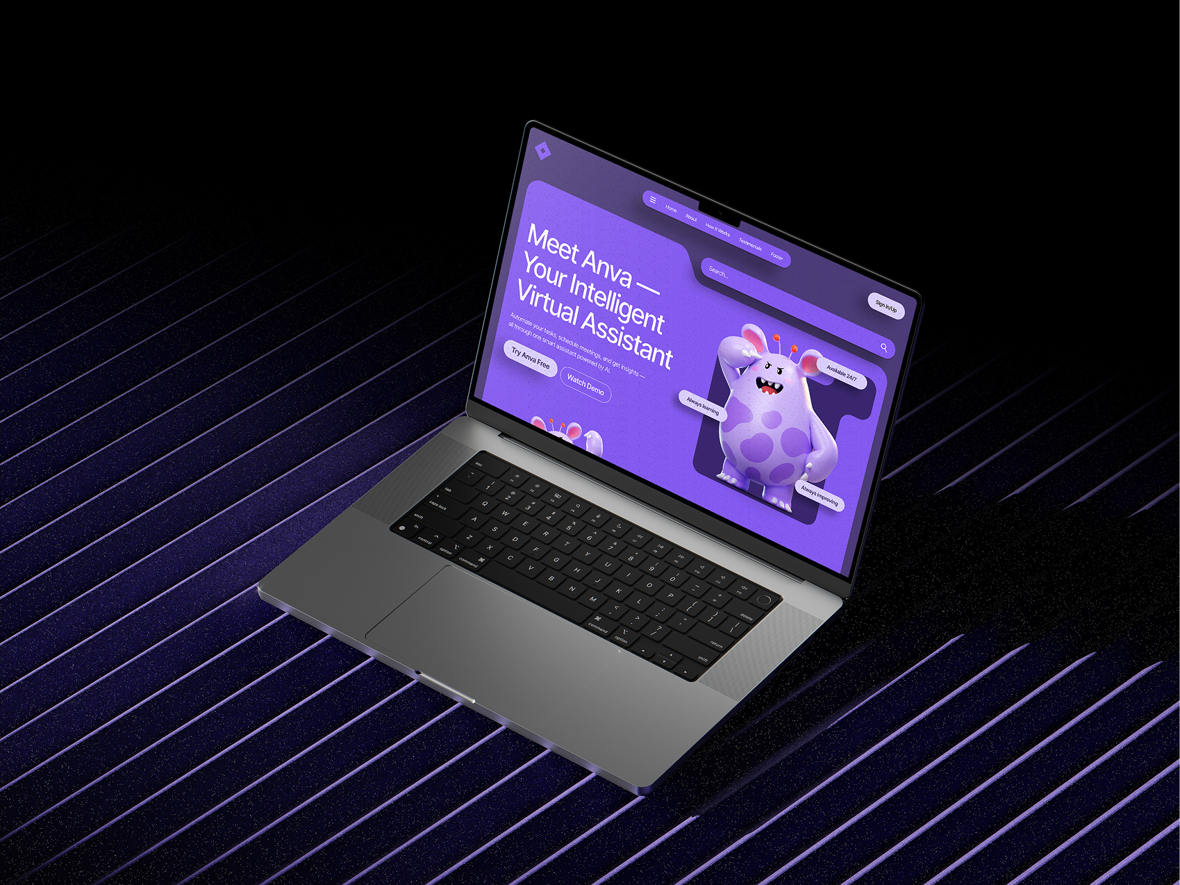 Anva – Playful AI Assistant Dashboard UI 3d animation branding design figma graphic design illustration logo motion graphics typography ui ux vector