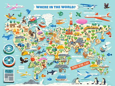 "Where in the World?" World Map art aviation children illustration design illustration map plane poster travel world