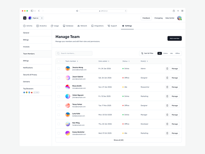Manage Team Members app design application design company page list manage team member list table team design ui uidesign user list website app