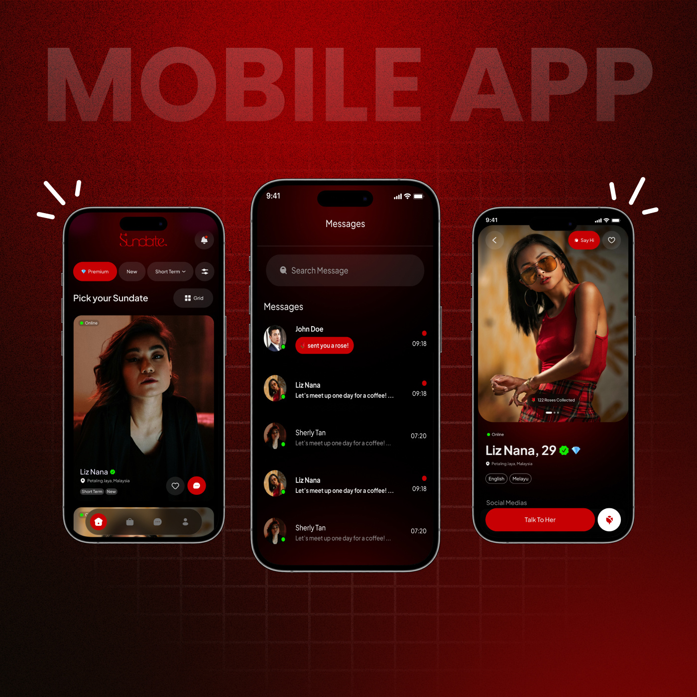 Modern Dating App UI – Dark Mode Match & Chat Screens chat screen design creative ui dark mode app design dating app ui dribbble ui shot match app design mobile app layout mobile ui concept modern app interface profile card ui
