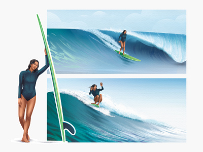 Longboarder character colorful girl illustration lifestyle longboard ocean sports surfboard surfer surfing swimsuit texture wave woman