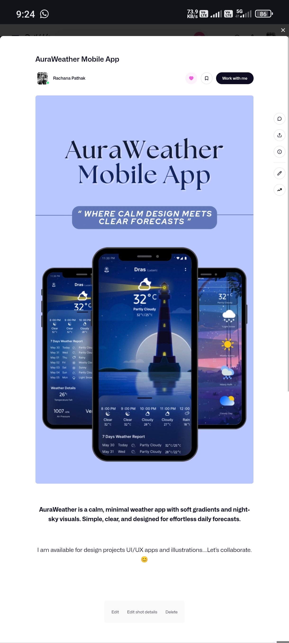 AuraWeather Mobile App appdesign darkmodeui dribbble dribbblecommunity figmaui mobileui productdesign ui weatherapp