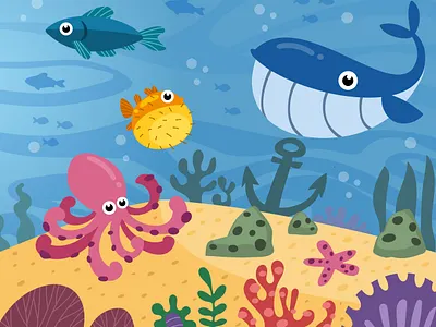 Sea Creatures - Busy Book - Playful Vector Cartoon Illustration activity book design book illustration busy book design cartoon illustration cartoon octopus cartoon salmon cartoon underwater cartoon whale children book children book design children book illustration illustration kids book kids illustration playful illustration sea animals sea creatures story book design vector children drawing vector illustration