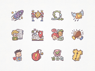 Scrum & Agile Icons - Part II agile coaching agile icons business illustrations cartoon icons doodle doodle illustration hand drawn hand drawn icons project management quirky icons retro meeting scrum icons sprint planning startup design user stories vector icon set workflow design workshop tools