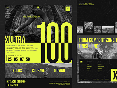 xultra100 : Ultra Marathon - Landing Page bold brutalism darkmode editorial landingpage marathon newspaper nike raceevent running runningwebsite salomon satisfy sport sportwebsite uidesign uiux uiuxdesigner ultra webdesign