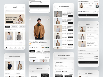 Men’s Fashion Shopping App UI – Clothing eCommerce Design apparel design clean minimal design clothing store ui ecommerce mobile app ecommerce ui fashion app design figma ui ios app ui jacket shopping app mens clothing app mens fashion app minimal ui mobile shopping app modern app design product page design shopping cart ui ui inspiration ux design