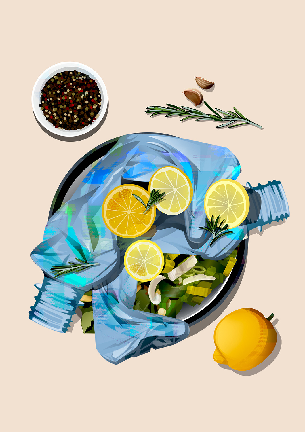 Pan-Fried Fish - plastic pollution menu series colorful design fish food illustration lemon menu microplastic pan plastic pollution print vector