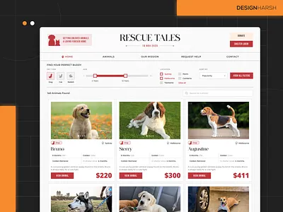 Rescue Tales – Adoption Listing Homepage (UI/UX Case Study) animal shelter animal welfare cards ui clean ui figma filter ui humane design listing page minimal ui modern ui nonprofit design pet adoption product design rescue animals responsive design senior pets ui design ux design web design website concept