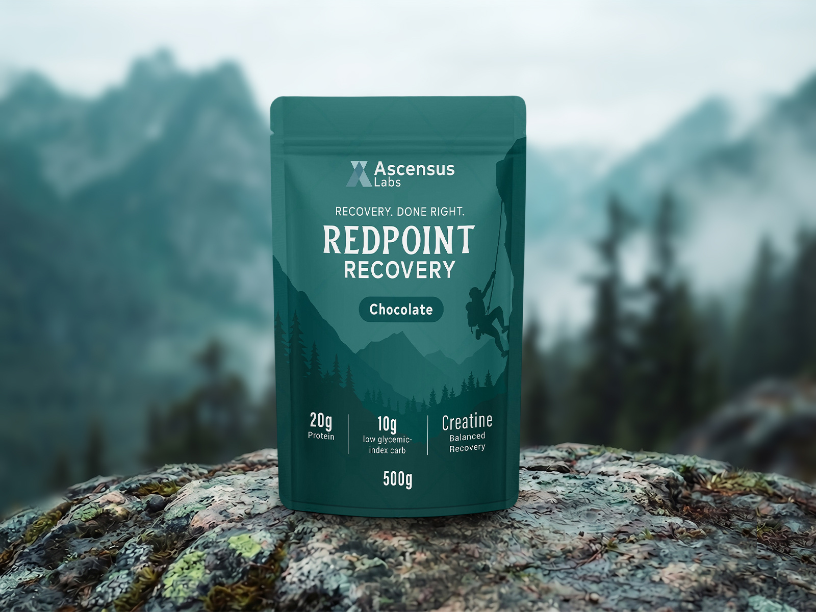Ascensus Labs Red Point Recovery Chocolate Pouch Design ascensus labs chocolate label design packaging design pouch design recovery redpoint standup pouch supplements