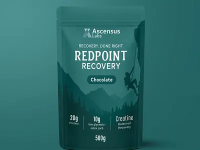 Ascensus Labs Red Point Recovery Chocolate Pouch Design ascensus labs chocolate label design packaging design pouch design recovery redpoint standup pouch supplements