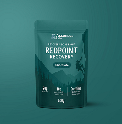 Ascensus Labs Red Point Recovery Chocolate Pouch Design ascensus labs chocolate label design packaging design pouch design recovery redpoint standup pouch supplements