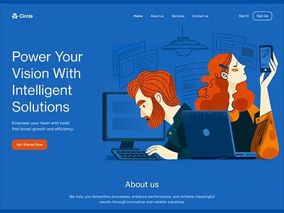 Landing Page Illustration blue branding character illustration computer design header illustration landing laptop office saas website team ui vector website