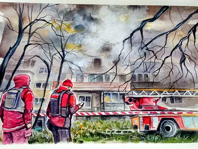 Original Watercolor Painting, Firefighters at Drone Strike Scene art hand painted handmade paint painting ukraine war