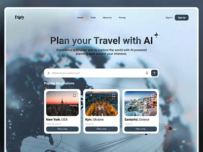 Triply - Landing AI travel-planning Platform ai ai website design hero section homepage landing page travel trip planner ui ux web design