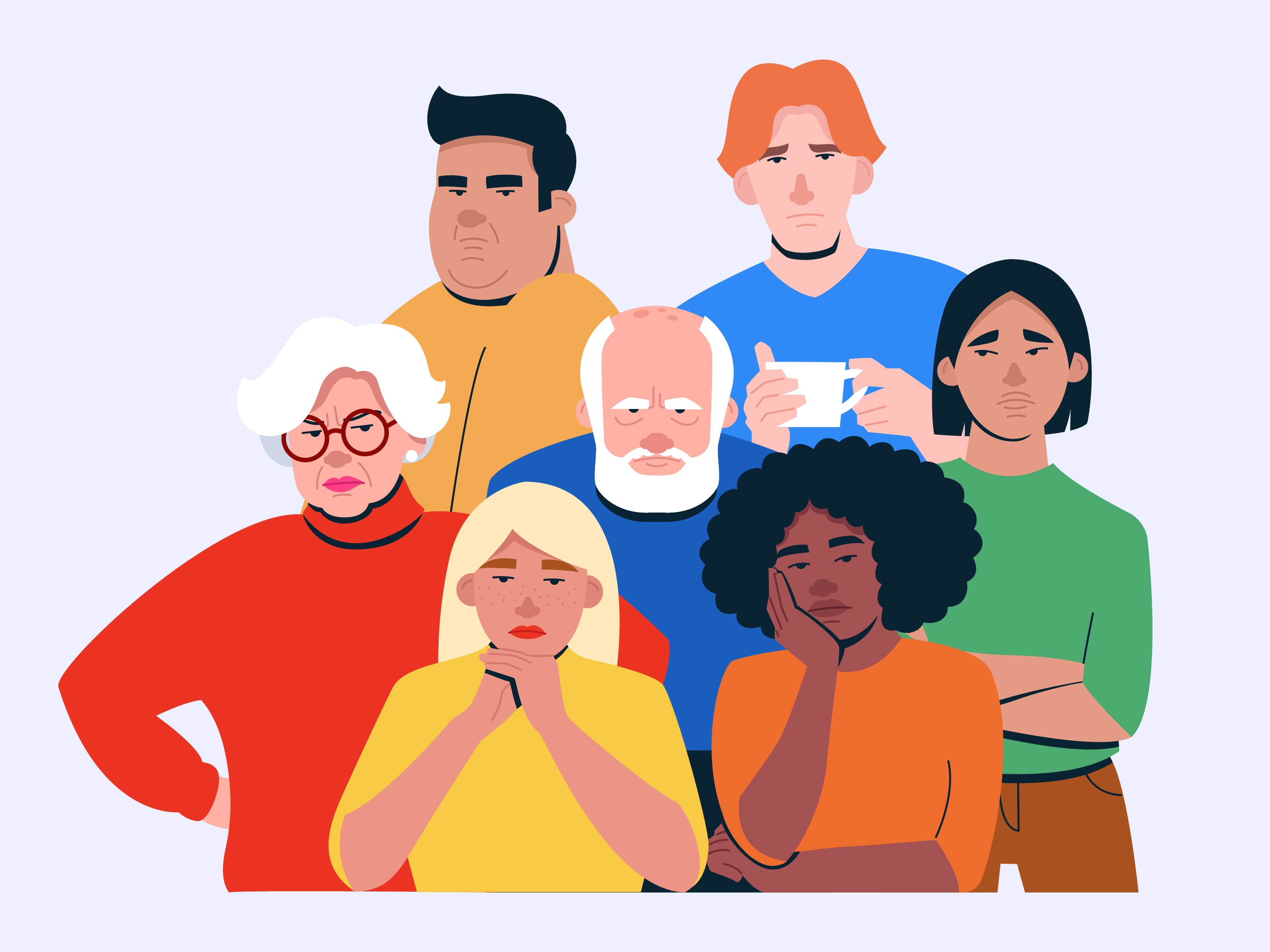 Unhappy people asian black character colorful depressed depression female flat girl group illustration man miserable old people sad unhappy vector woman young