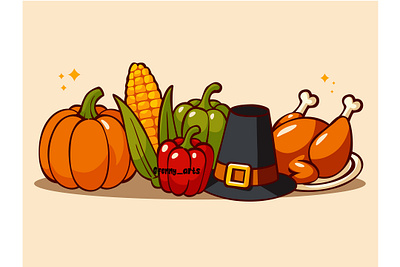 A Group of Vegetables with Hats autumn background cartoon celebration cornucopia culture day decoration dinner event fall feast food harvest holiday party pumpkin thanksgiving traditional turkey