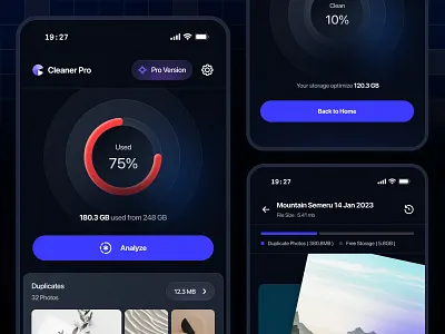 Cleaner Pro - Image Organizer analyze app automation blue clean cleaner dark image image duplicate image organizer manage mobile modern storage ui