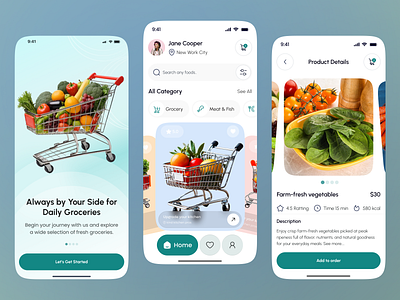 Grocery Mobile App app cart categories ecommerce food food delivery green grocery grocery delivery app grocery market grocery store healthy food app mobile mobile app design navigation search shop