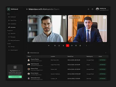 AI Interview Dashboard ai interview ai video interview ai video meeting ai video score hiring interview job platform machine learning predictive analytic product design saas design