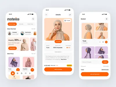 Islamic Fashion Ecommerce – Modest Fashion App UI/UX app design app interface clean ui e commerce fashion app islamic fashion minimal design mobile app mobile ux modern design modest fashion product page shopping app ui design ux design