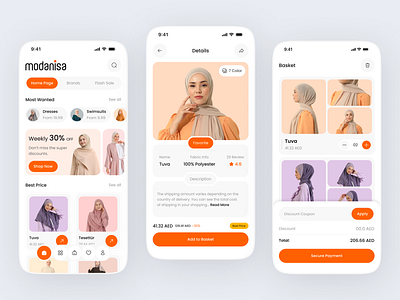 Islamic Fashion Ecommerce – Modest Fashion App UI/UX app design app interface clean ui e commerce fashion app islamic fashion minimal design mobile app mobile ux modern design modest fashion product page shopping app ui design ux design