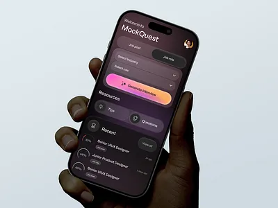 MockQuest – AI-Powered Mock Interview App ai app app design career tools dark mode ui design glassmorphism gradient ui interaction interview app liquid glass minimal design mobile app mobile ui neumorphism product design ui ui design ux ux design