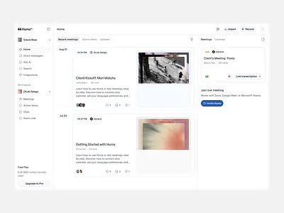 Home, recent meetings app design product ui ux web app