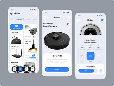 Smart Home Device Management App UI air cooler blue cleaning device device control device management home mobile app mobile app template robot smart cctv smart device smart home smart home app design smart home app ui smart house smart lamp ui design ui design template wifi router