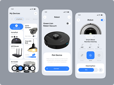 Smart Home Device Management App UI air cooler blue cleaning device device control device management home mobile app mobile app template robot smart cctv smart device smart home smart home app design smart home app ui smart house smart lamp ui design ui design template wifi router