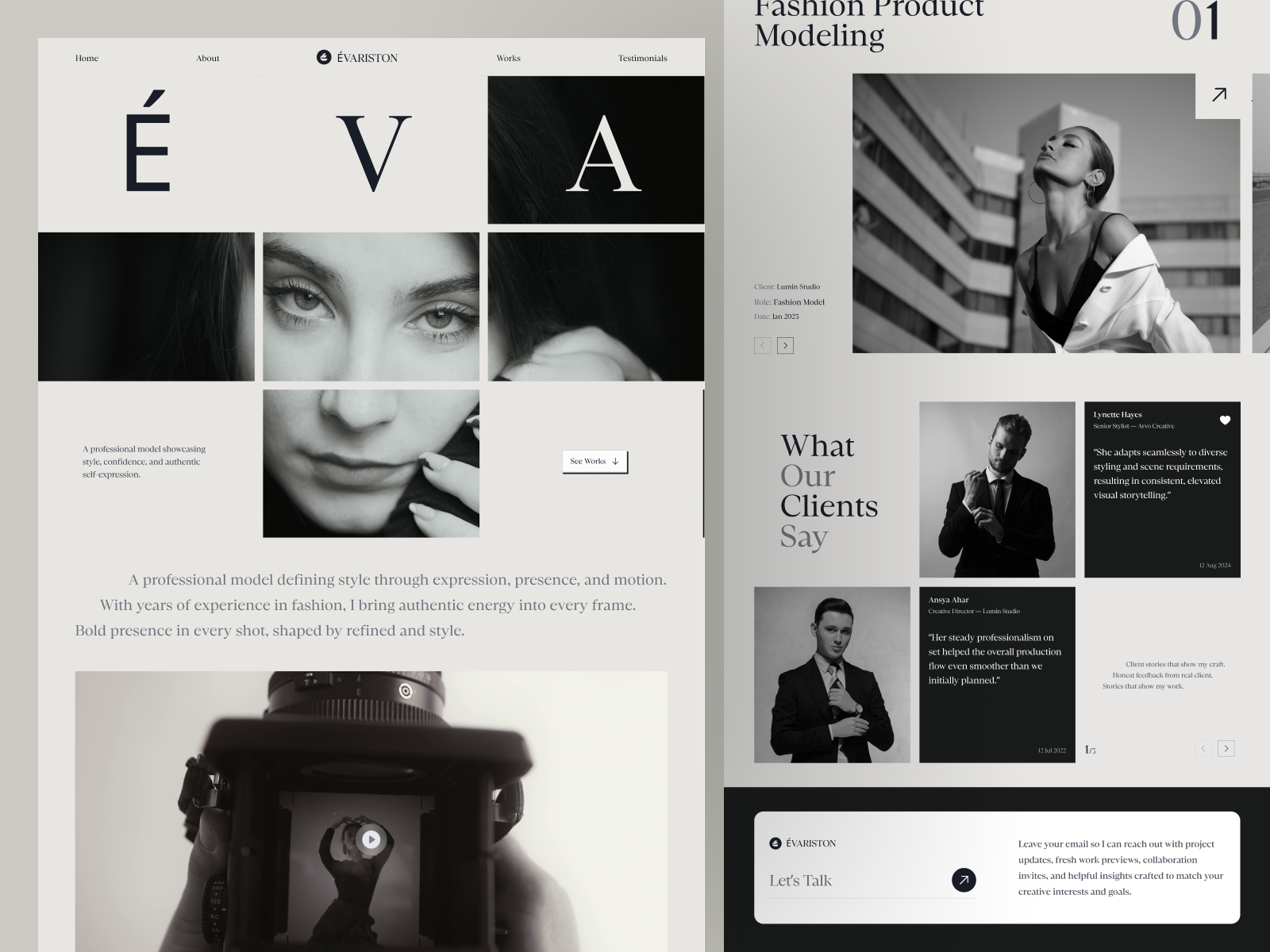 ÉVARISTON — Professional Model Portfolio Landing Page animation design clean ui concept creative landing page creative portfolio editorial design minimalist portfolio model landing page model portfolio modern landing page motion design personal branding website personal portfolio portfolio web design responsive landing page uiux design uiux inspiration user experience user interface