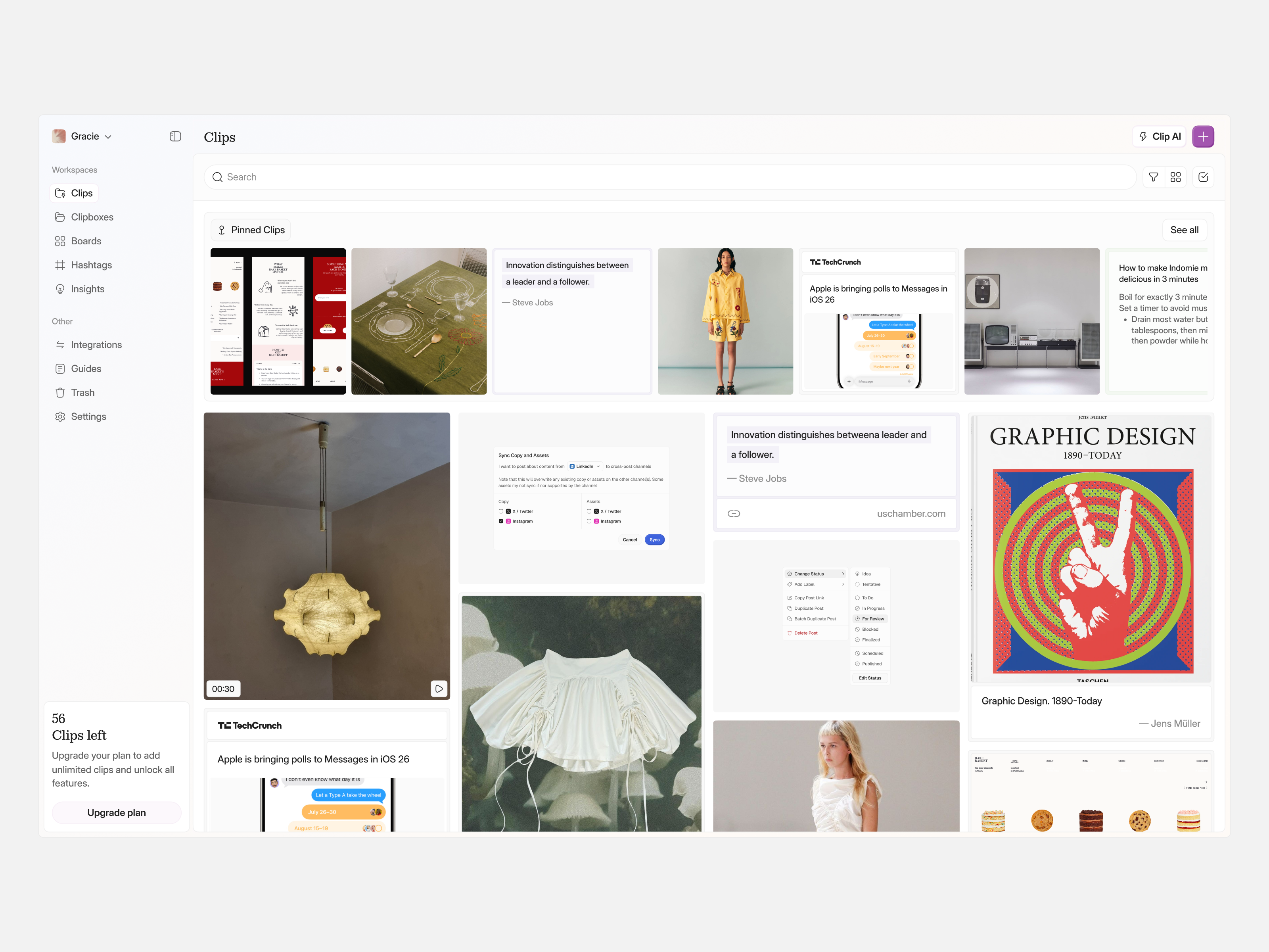 Pinned clips app design product ui ux web app