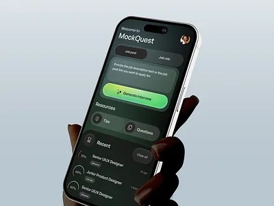 MockQuest – AI Interview Generator Mobile UI ai app app design career app clean ui dark mode ui design glassmorphism gradient ui interaction interview app ios design job prep ui minimal design mobile app modern ui product design ui ui design ux ux design