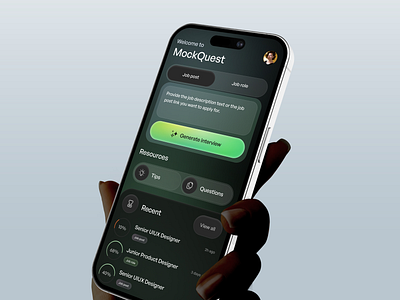 MockQuest – AI Interview Generator Mobile UI ai app app design career app clean ui dark mode ui design glassmorphism gradient ui interaction interview app ios design job prep ui minimal design mobile app modern ui product design ui ui design ux ux design