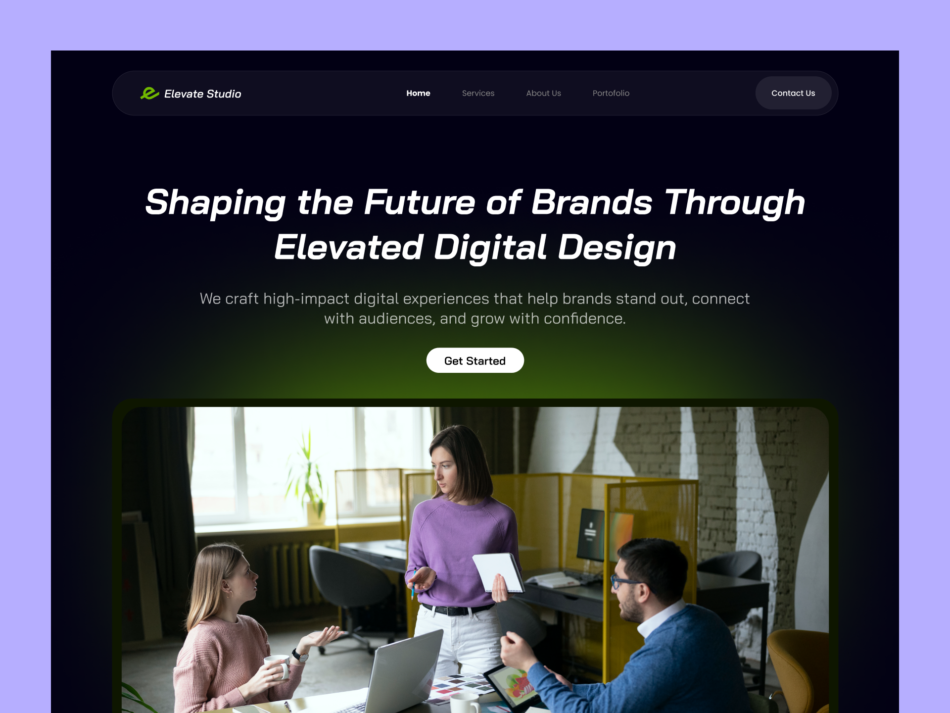 Elevate Studio | Creative Agency Landing Page agency branding agency clean ui creative agency creative studio digital agency figma hero section homepage design landing page marketing website minimal design modern design product design ui design ui ux ux design web design web ui website concept