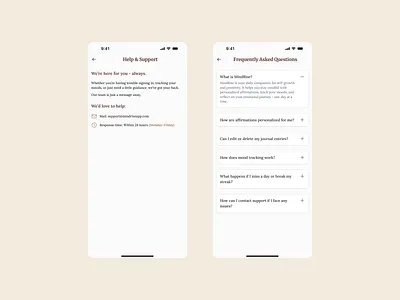 Help & FAQs Designed With Care - Support That Feels Human app appdesign apps branding cleanui daily affermation app design faqdesign help and faqs illustration mindfulnessapp mobile app mobileappdesign productdesign supportui trending uiux uxdesign