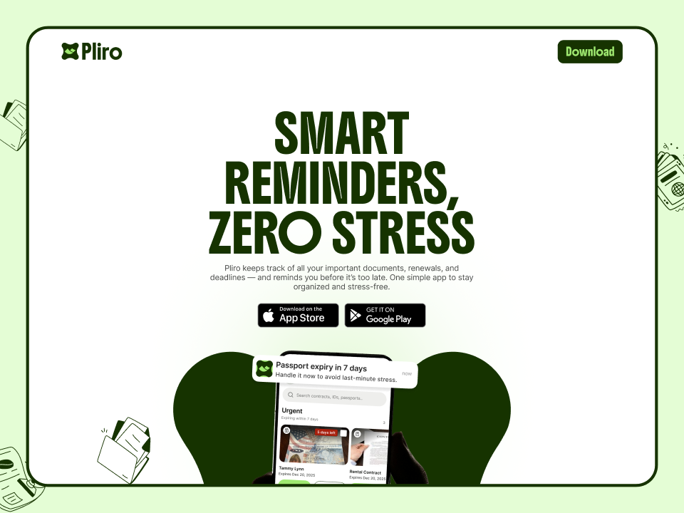 Pliro Mobile App Landing Page animation apple store banner download features google play green hero section home screen hover how it works landing page mobile app nav bar testimonials uiux user interface ux design web design wise