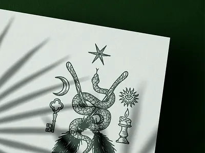 Serpent Cult Logo Mockup brand design brand identity branding branding design broom hand drawn handdrawn identity design illustration logo logo design magic mockup moon occult snake stars sun vintage visual identity