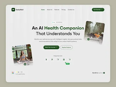 DailyWell | AI Health Companion Website| Modern UI ai design ai healthcare ai healthcare website clean ui design inspiration figma design graphic design health monitoring health tech health website health website ui landing page minimal design modern ui pixxen ui design ux design web design wellness app