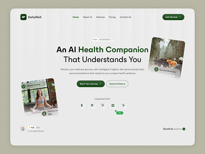 DailyWell | AI Health Companion Website| Modern UI ai design ai healthcare ai healthcare website clean ui design inspiration figma design graphic design health monitoring health tech health website health website ui landing page minimal design modern ui pixxen ui design ux design web design wellness app